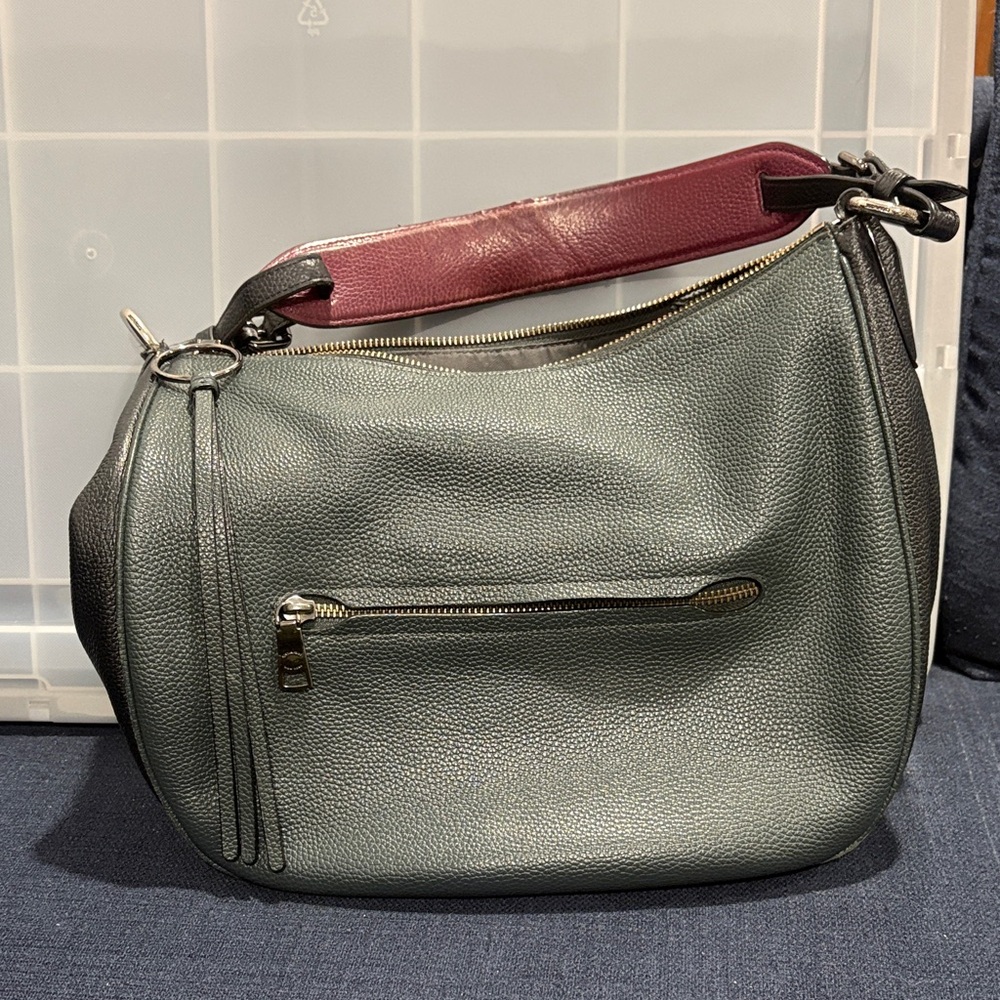 Coach Leather Hobo Shoulder Bag - Green with Burgundy and Black Strap